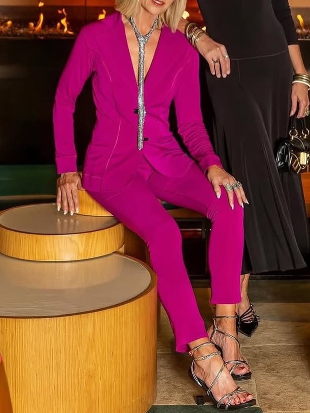 Eva Varro Two Button Blazer Pants Suit 2 Piece Set Hot Pink Magenta Size Small